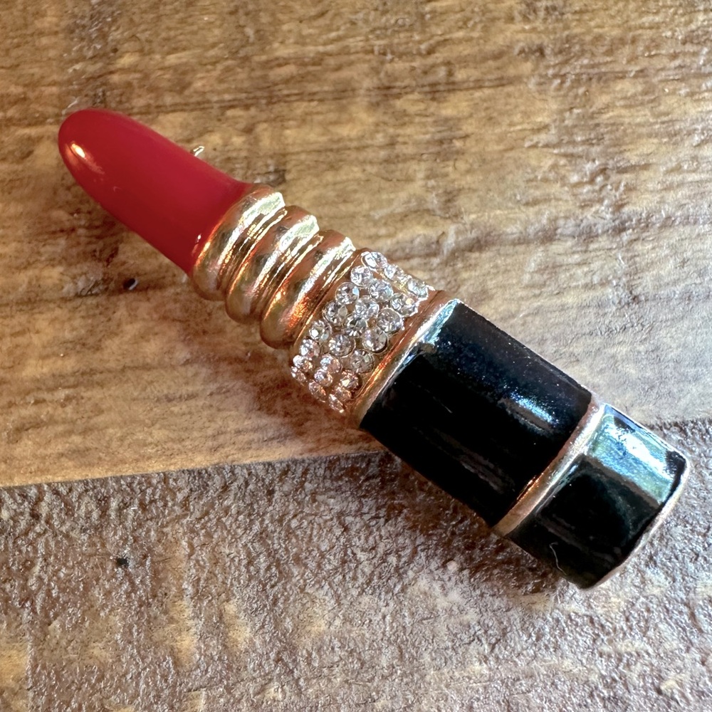 Red & Black Enamel & Crystal Lipstick Lapel Brooch Pin Perfect Gift Makeup Fan - Picture 6 of 9